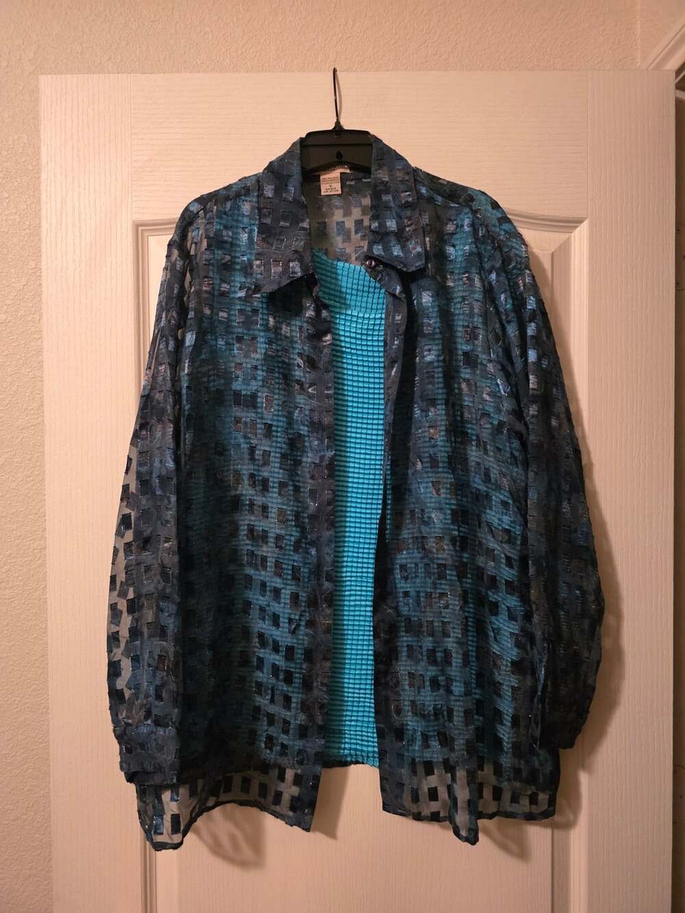 Notations Top Set Size 1X Blue Polyester Sheer Checkered 2-Piece